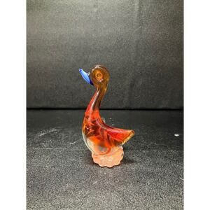 Hand Blown Orange Swan,‎ Glass Goose Paperweight, Pedestal Sculpture, Blue Beak